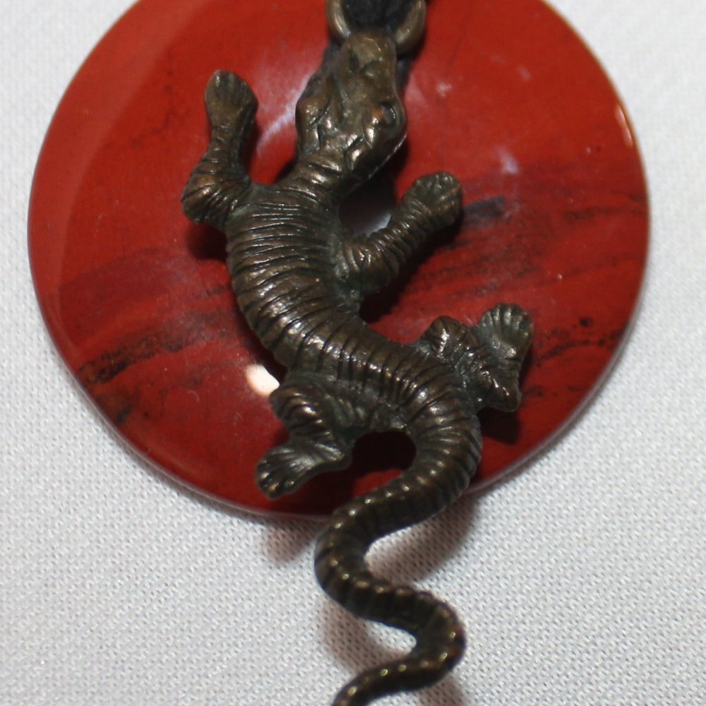 Unisex Red Jasper Gemstone Leather Cord Pendent 30" with Lizard - Picture 10 of 10